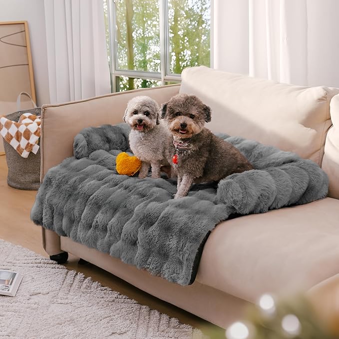 FUNNY FUZZY Pet Fluffy Fuzzy Couch Cover, Calming Washable Dog Bed Sofa Protector Pets Mat for Small Medium Dogs and Cats (Grey,33.45 × 28.35 × 5.51 in)-PurrikoPets