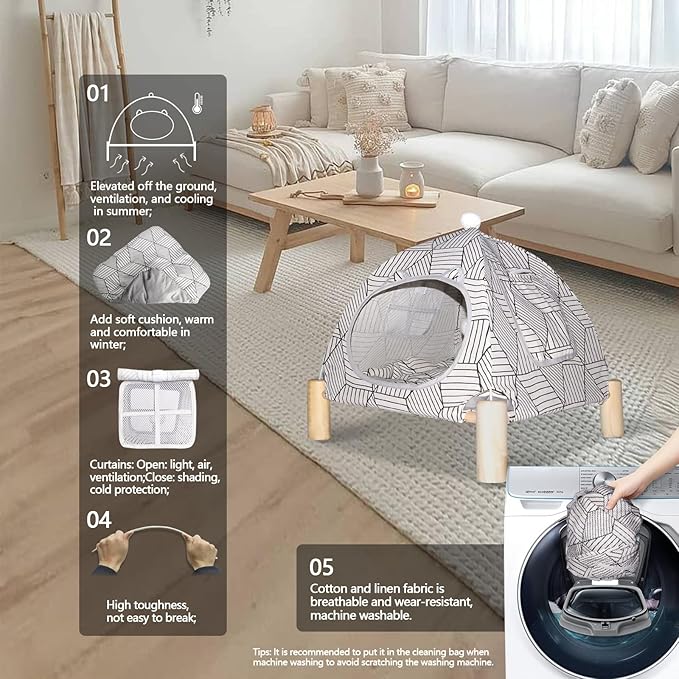 2-in-1 Elevated Cat Tent Cat House, Quick Assembly and Disassembly, Portable Indoor/Outdoor Cute Cat Bed Cave-White Diamond Pattern-PurrikoPets