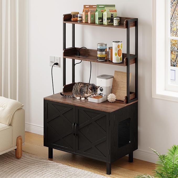 55 Inches Cat Litter Box Enclosure, Hidden Litter Box Furniture with 2 Storage Shelves and Charging Sockets, Wooden Cat House, Large Indoor Cabinet for Living Room & Entryway, Black-PurrikoPets