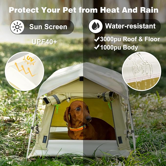 Dog Tent Cotton Fabric, Aluminum Poles and Camping Mat, Outdoor Weatherproof, Dog House Outdoor, Breathable with 2 Side Windows, Portable and Collapsible (Green, Small)-PurrikoPets