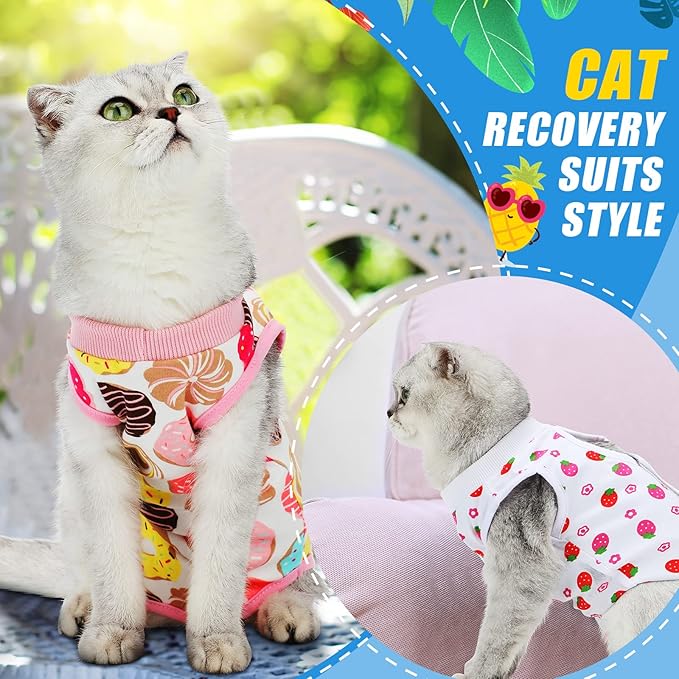 4 Pieces Cat Recovery Suits Body Wraps Breathable Kittens Recovery Clothes for Cats Small Dogs Abdominal Weaning(Banana, Football, Strawberry, Donut,XL)-PurrikoPets