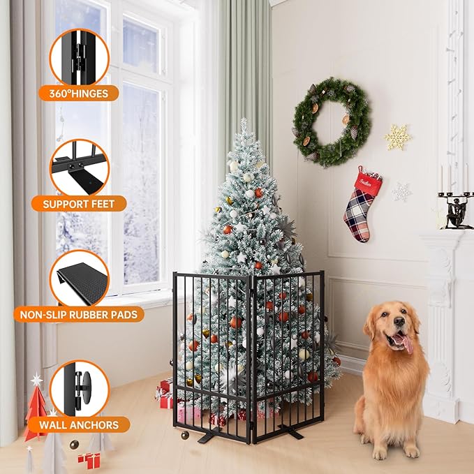 Full Metal Freestanding Dog Gate with Door, 36''Height Foldable Pet Dog Fence for Indoor & Outdoor, 2 Panels Extra Wide Free Standing TallDog Gates for Doorways,House,Stairs,Porch,Deck,Yard-PurrikoPets