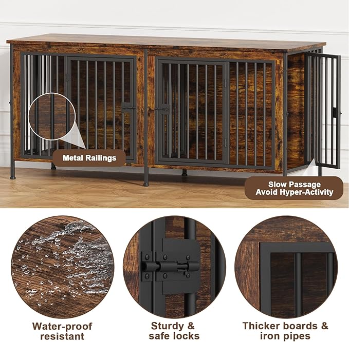 EasyCom 63" Dog Cage Furniture for 2 Pets with Divider, XL Wooden Double Dog Crate Furniture TV Stand for Mideum Breed, Durable and Sturdy-PurrikoPets