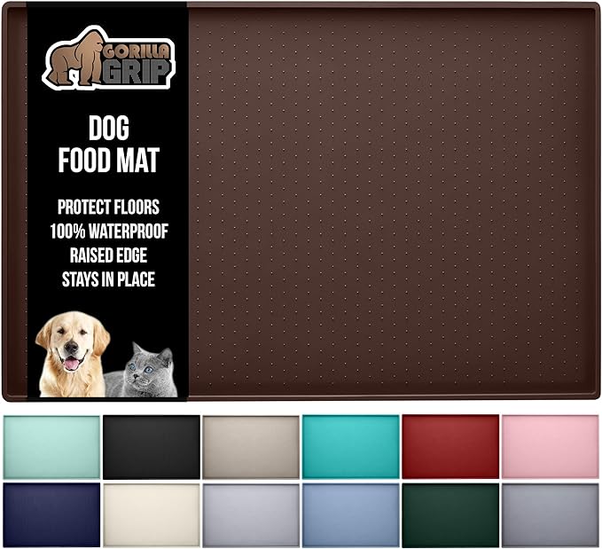 GORILLA GRIP 100% Waterproof Raised Edge BPA Free Silicone Pet Feeding Mat, Dog Cat Food Mats Contain Spills Protects Floors, Placemats for Cats and Dogs Water Bowl, Pets Accessories 16x10, Brown-PurrikoPets