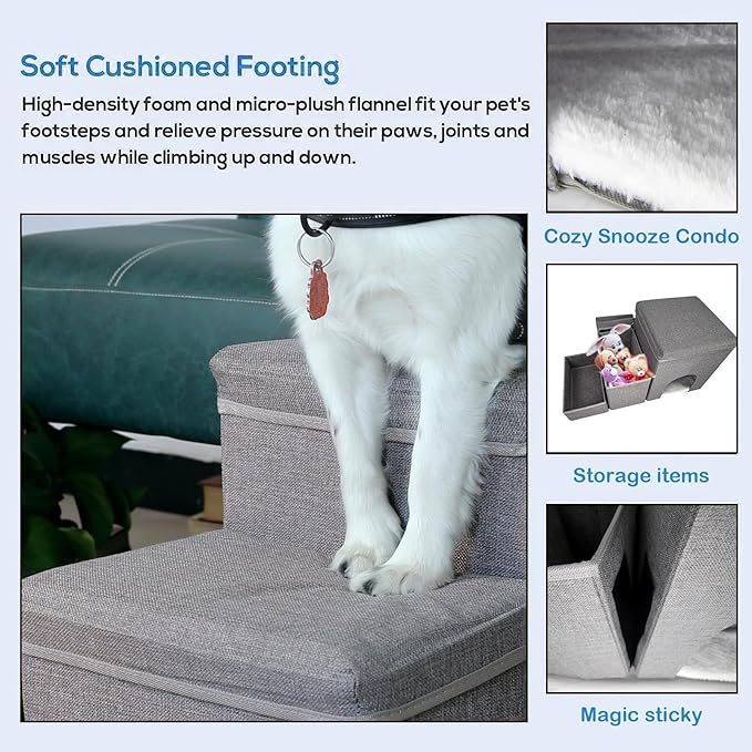 Dog Stairs with Storage Dog Steps for High Beds 3-Step Pet Stairs Ramp with Storage Box and Condo for Small Dogs Cats Pets-PurrikoPets