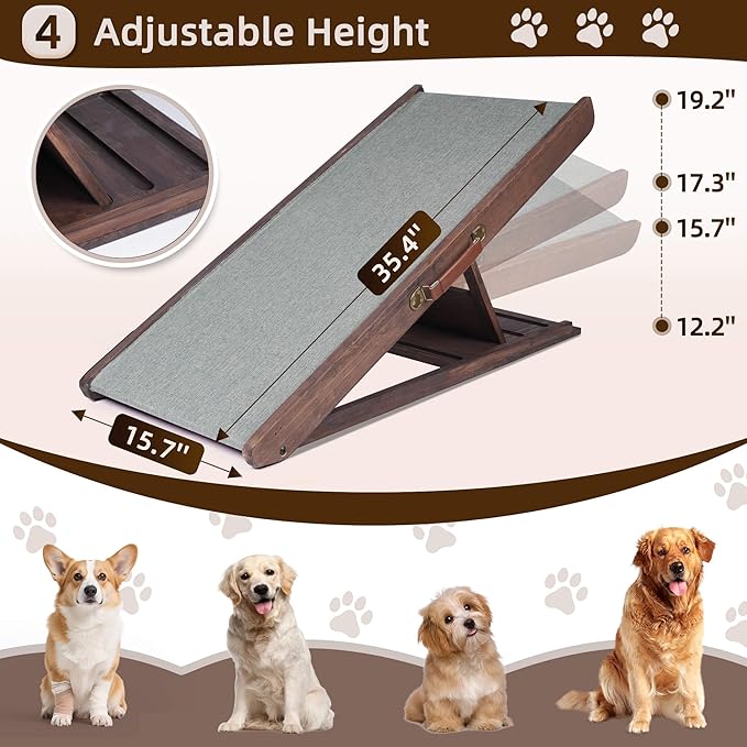 Folding Dog Ramp for Bed, Couch, Car, SUV & RV - Adjustable 4 Heights (12.2"-19.2"), 35.4" Long Wooden Pet Ramp with Non-Slip Mat & Safety Rails - Supports Pets up to 200 lbs-PurrikoPets