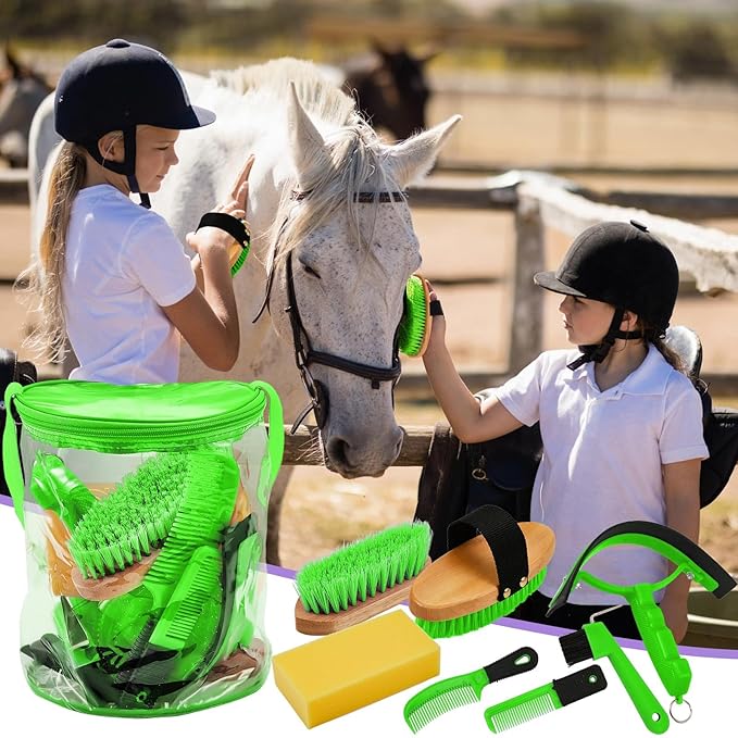9 Pieces Horse Grooming Kit Tack Room Supplies Set with Organizer Tote Bag, Oval Massage Curry, Hard and Soft Brush, Hoof Pick, Sweat Scraper, Bathing Sponge, Combs for Horse Riders Beginners (Green)-PurrikoPets