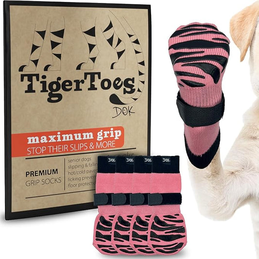 DOK TigerToes Premium Non-Slip Dog Socks for Hardwood Floors - Extra-Thick Grip That Works Even When Twisted - Prevents Licking, Slipping, and Great for Dog Paw Protection (Sassy Pink, Small)-PurrikoPets