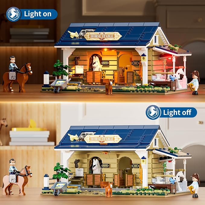 FUNWHOLE Farm Horse-Stable Lighting-Building-Bricks Set - Farm Life Horse Animals Cabin Collection LED Light Cottage Model Display Set 973 Pcs for Adults and Teen-PurrikoPets