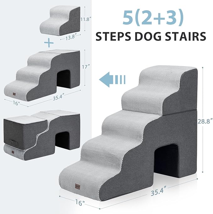 Dog Stairs for High Beds with Tunnel, 5-Step Dog Steps for Small Dogs and Cats, Foldable Pet Stairs for High Bed Climbing, Non-Slip Balanced Pet Step Indoor, Light Grey-PurrikoPets