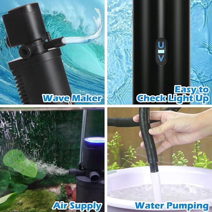 158GPH Small Aquarium Filter, UV Sterilizer for Aquarium for 10-45 Gallon Tank, Internal Pump for Turtle Betta Fish Tank Filter Silent 4-in-1 Green Killing Machine with Fish Tank Filters Deodorization-PurrikoPets