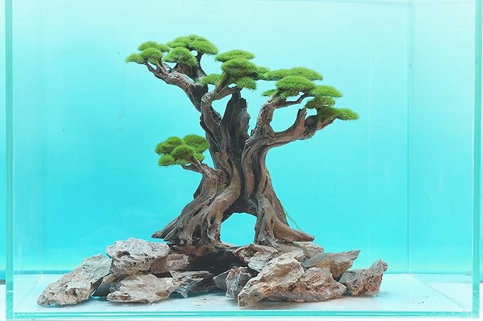 Fish Tank Decor- Bonsai Tree of The Forest with Faux Moss- Aquarium Decoration Aquascaping- Made of Sandstone, 8.8 x 4.3 x 7.8 inches-PurrikoPets
