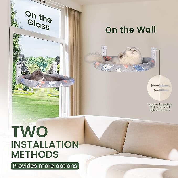 2 Pack Cat Window Perch, Glow in The Dark Foldable Cat Hammock with Cozy Pad Bed, Breathable Cordless Window Seat with Stud Metal Frame for Large Cats and Kitten (Cushion Bed, 2 Pack - L)-PurrikoPets