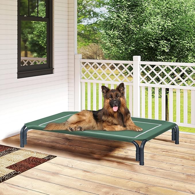 Elevated Dog Bed Raised Outdoor Dog Cot for Medium Dogs, Installation Requires No Tools, Frame with Washable Cooling Breathable Mesh Anti-Slip Feet, Indoor Pet Bed, Green, 35.4 Inches-PurrikoPets