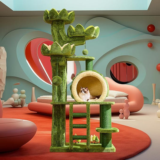 80.3'' Modern Cat Tree, Tall Cat Tower for Indoor Cats Adults, Luxury Climb Tower with Scratching Post, Heavy Duty Cat Condo with Ladder, Toys, Double Sided Mat, Lotus Perch for Multi-Cat Families-PurrikoPets