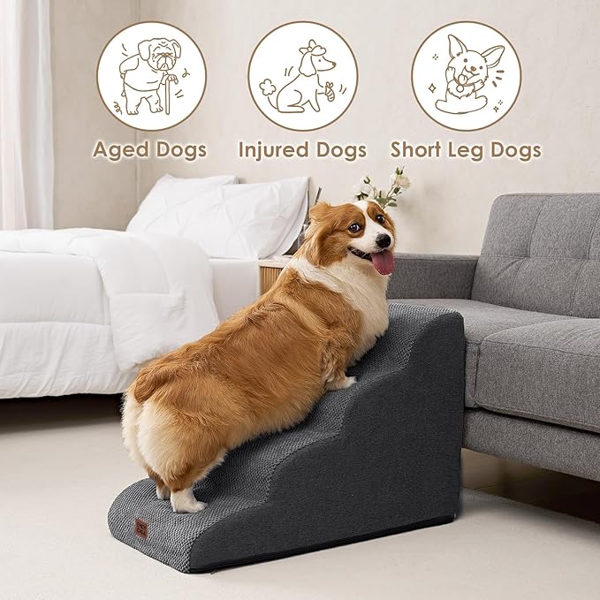 EHEYCIGA Curved Dog Stairs Ramp for High Beds 19.7" H, 4-Step Dog Steps for Small Dogs and Cats, Pet Stairs for High Bed Climbing, Non-Slip Balanced Pet Step Indoor, Grey-PurrikoPets