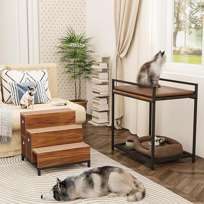 Dog Window Perch, Pet Bunk Bed with Multi-Level Platform, Non-Slip Cat Window Perch with Stroage Drawers, Dog Perch to Look Out Window, Wooden Steps for Small, Large Sized Dogs and Cats-PurrikoPets