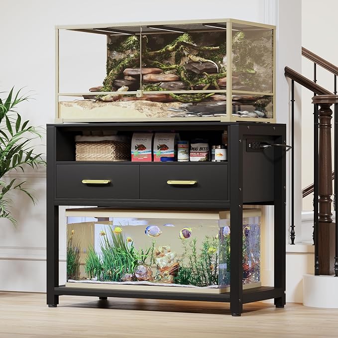 40-50 Gallon Fish Tank Stand with Power Outlet & 2 Storage Drawers, Heavy Duty Metal Frame Aquarium Stand with Waterproof Mat, 36.6" L*19.1" W Tabletop, 800LBS Capacity, Black-PurrikoPets