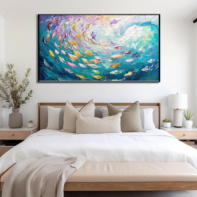 Fish Canvas Wall Art, Abstract School of Fish Canvas Wall Art, School of Fish Painting Canvas, School of Fish Wall Art, Fish Wall Decor, Fish Pictures Wall Decor, Bedroom Canvas Wall Decor (Gold Framed, 48"x27" | 122x68cm)-PurrikoPets