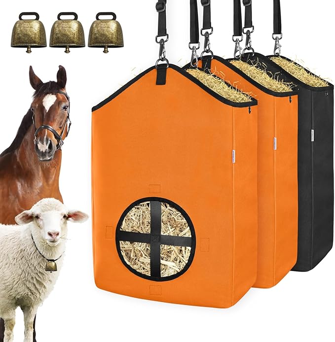 3 PCS Goat Hay Feeder,Hay Bags for Horses,Goats,Donkeys with Reinforced Oxford Fabric and High Strength Metal Clasp,Horse Feeding Supplies with Adjustable Strap for Easy Hanging (2Orange+1Black)-PurrikoPets