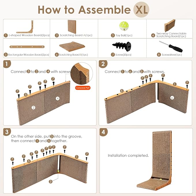 EHEYCIGA Cardboard Cat Scratcher for Indoor Cats, 32 Inch L Shaped Vertical Cat Scratching Board with Ball Cat Toy, Extra Large Cat Scratcher Pad, Brown-PurrikoPets