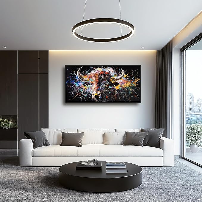 Framed Large Bison Buffalo Wall Art for Living Room, Oversized Graffiti Yak Cow Wall Decor Banksy Bull Canvas Painting Animal Pictures Modern Artwork for Living Room Bedroom Office 60"x30"-PurrikoPets