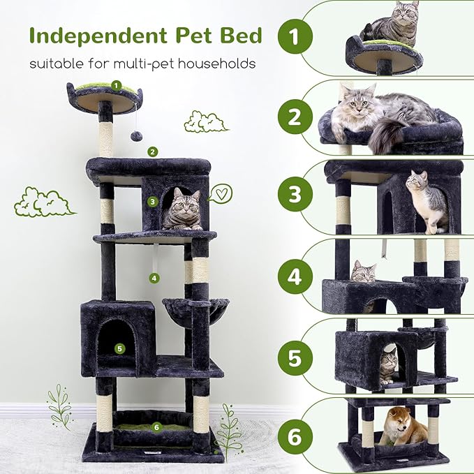 Globlazer Heavy Duty Cat Trees for Large Cats, Sturdy 72in Maine Coon Cat Tree for Large Cats 20 lbs+ Heavy Duty Cat Tower for Adult Biggest Cat with 6 Scratching Posts, Hammock, S72, Dark Gray-PurrikoPets