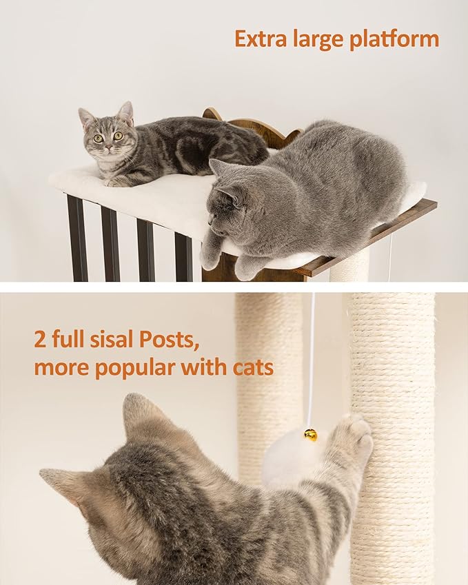 FourFurPets 43.8in 3-Tier Modern Cat Tree Tower Condo, Cat Scratch Posts for Indoor Cats, Big Plate, Two 19.7in Full Sisal Scratching Posts, Rustic Brown-PurrikoPets