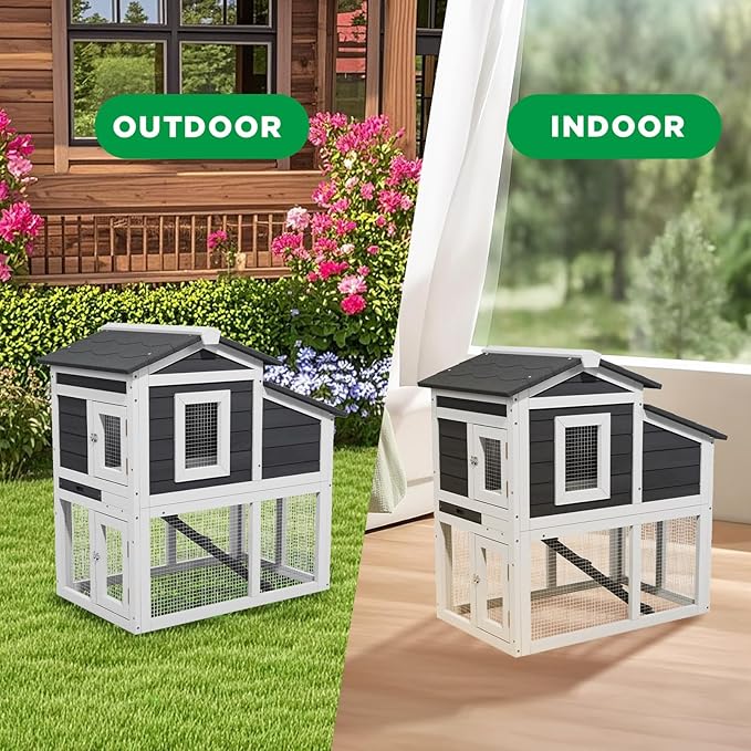 2 Story Rabbit Cage, Weatherproof Rabbit Hutch Indoor & Outdoor, Wooden Guinea Pig Cages with Removable Tray Openable Roof for Small to Medium Animals-PurrikoPets