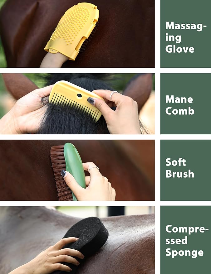 11PCS Horse Grooming Kit Curry Comb Sweat Scraper Horse Bathing Supplies Grooming Tools with Storage Bag Pasture Glow-PurrikoPets