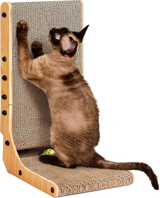 EHEYCIGA Cardboard Cat Scratcher for Indoor Kitten Cats, 19 Inch L Shaped Vertical Cat Scratching Board with Ball Cat Toy, Small Cat Scratcher Pad, Brown-PurrikoPets
