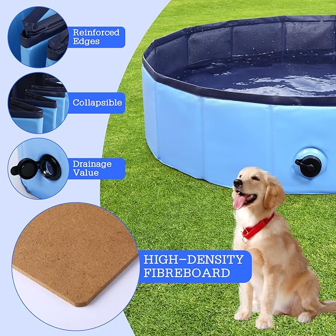 Foldable Dog Bath Swimming Pool Plastic Kiddie Pool Professional Tub Collapsible Grooming Bathtub for Pets Kids Baby and Toddler, 32 x 8 Inches Blue-PurrikoPets