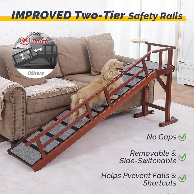 Dog Ramp for Bed or Couch, Wooden Pet Ramp with 20° Gentle Slope, Removable Side Rails, Non-Slip Surface, Top Platform & Wheels, Safe Bed Ramp for Small, Medium & Senior Dogs, 74" Long, Mahogany-PurrikoPets