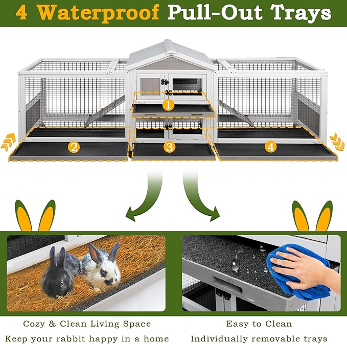 Double Rabbit Hutch Outdoor Indoor Large Bunny Cage with Dual Side Runs, 2-Story Wooden Hutch with 4 Leak Proof Trays, 8 Wheels, Waterproof Roof, Ramp, for Small to Medium Animals-PurrikoPets