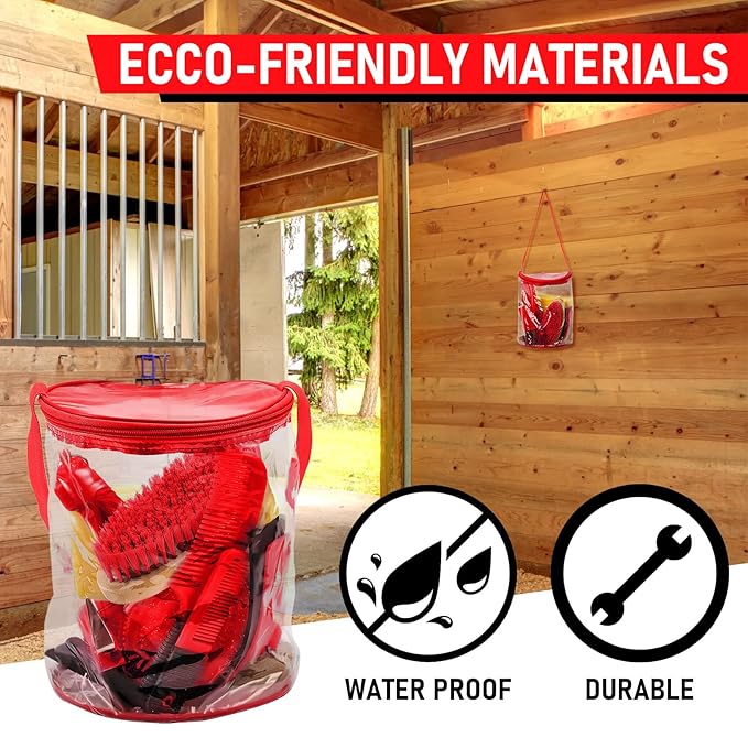 9 Pieces Horse Grooming Kit Tack Room Supplies Set with Organizer Tote Bag, Oval Massage Curry, Hard and Soft Brush, Hoof Pick, Sweat Scraper, Bathing Sponge, Combs for Horse Riders Beginners (Red)-PurrikoPets