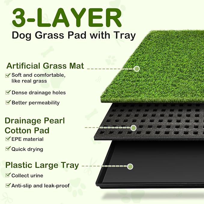 Dog Grass Pad with Tray, 34''X23'' Large Artificial Turf Grass Potty, Reusable Puppy Pee Pads for Dogs, Portable Dog Litter Box for Indoor/Outdoor Potty Training Toilet-PurrikoPets