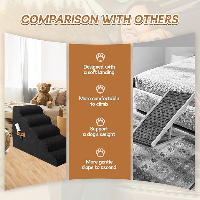 Dog Stairs, Romrol Dog Steps Ramp for High Bed and Couch, Dogs Ramp with Durable Non-Slip Waterproof Fabric Cover, Pet Stairs for Small Dogs and Cats or Pets Joints, 4-TiersBlack-PurrikoPets