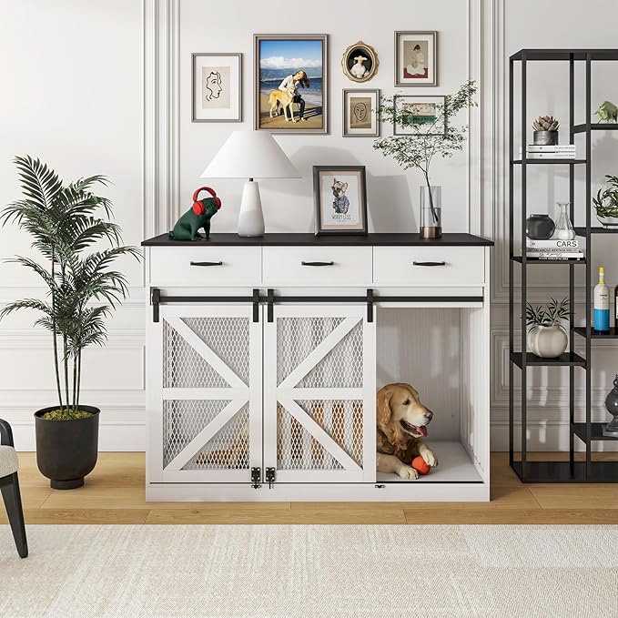 48'' Dog Crate Furniture with Divider&Storage Drawers, Wooden Double Dog Kennel Furniture End Table with Sliding Barn Doors, White Double Dog Crate TV Stand-PurrikoPets