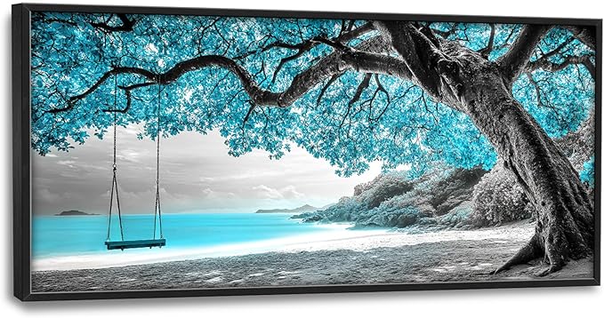 Extra Large Framed Abstract Tree Wall Art,Black and White Tree of Life Wall Decor,Blue Teal Sea Pictures for Living Room,Canvas Print Painting Modern Artwork Bedroom Office Bathroom 60L x 30W-PurrikoPets