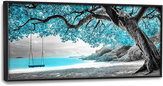 Extra Large Framed Abstract Tree Wall Art,Black and White Tree of Life Wall Decor,Blue Teal Sea Pictures for Living Room,Canvas Print Painting Modern Artwork Bedroom Office Bathroom 60L x 30W-PurrikoPets