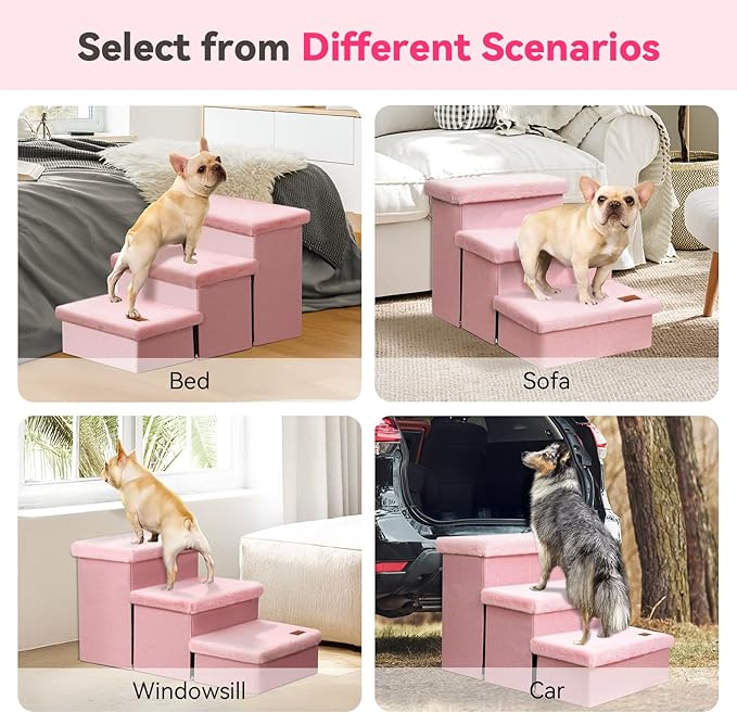 Dog Stairs with Furry Lids 18" H, 3-Step Wider Dog Steps with Storage for Small/Medium/Large Dogs Cats, Folding Sturdy Pet Stairs Climbing Bed or Sofa, Ramp for Car Hold Up to 200 lbs, Pink-PurrikoPets