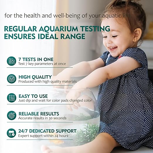 7 Way Aquarium Test Strips, 125 Count Fish Tank Test Strips for Freshwater Saltwater Pond, Water Testing Kit Aquarium for Chlorine, Total Hardness, Carbonate, Alkalinity, Nitrate, Nitrite and pH-PurrikoPets