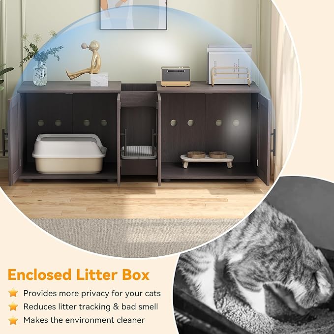 Gaomon Litter Box Enclosure with Double Room,Cat Hidden Litter Box Enclosure Furniture for 2 Cats with Double Room, 55”L x 17.7”W x 22.5”H Cat House,Wooden Enclosed Cat Litter Box Furniture,Walnut-PurrikoPets