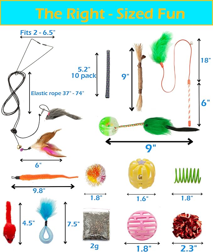 Fashion's Talk Cat Toys 50 Pcs for Indoor Cats,Interactive Door Hanging Mice Feather Toy Cat Spring Toy Cat Wand Catnip Crinkle Balls Silvervine Sticks Balls Kitten Toys Bulk-PurrikoPets
