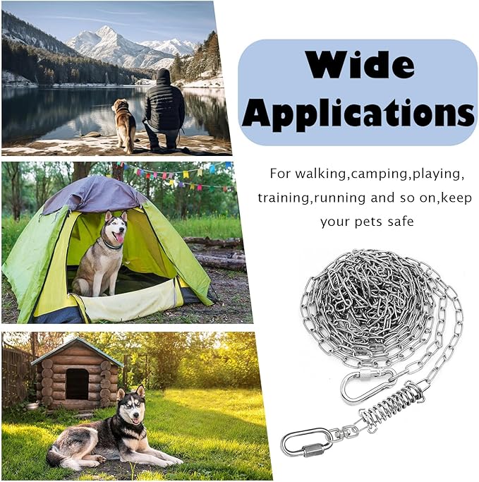 25ft Heavy Duty Chew Proof Dog Tie Out Chain Leash with Shock Absorbing Spring&Lockable Hooks-Up to 200Lbs,Use for Yard,Garden,Camping or Travel-PurrikoPets