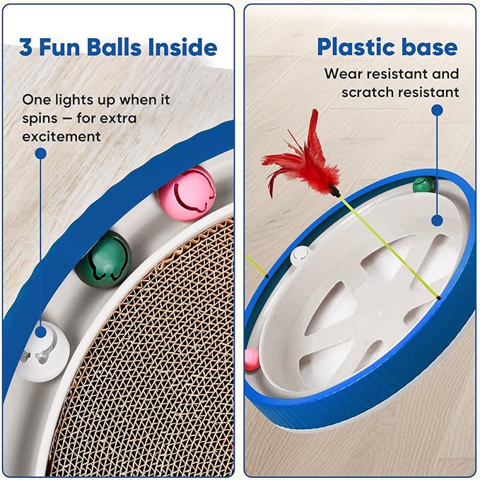 20-Inch Round Cat Scratcher with Ball Track – 3-in-1 Cardboard Scratching Pad with Feather Toy & Non-Slip Base – Interactive Cat Toy for Indoor Cats, Kittens & Large Cats (Blue)-PurrikoPets