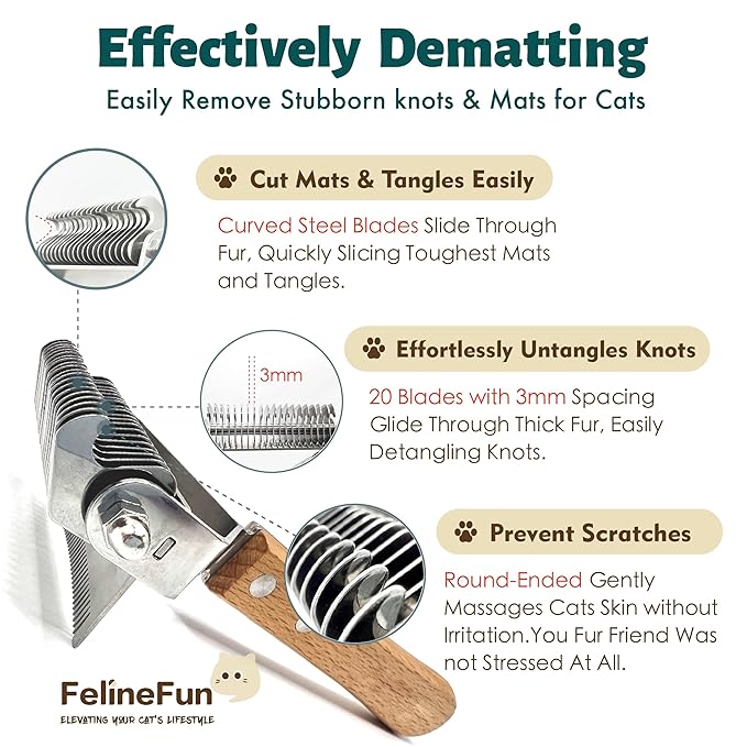 FelineFun Cat Brush for Dematting & Deshedding, 2 in 1 Undercoat Rake, Efficiently Remove Loose Hair & Matted Fur, Professional Shedding Comb for Indoor Cats & Long Haired Cats-PurrikoPets