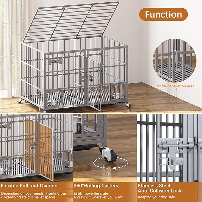 aboxoo 42/48 inch Heavy Duty Metal Dog Crate for 2 Dogs/Large Dog,All Metal Open Top,Dog Kennel Indoor with Wheels,Floor Grid, Tray, Divider and Feeding Bowl (Sliver)-PurrikoPets