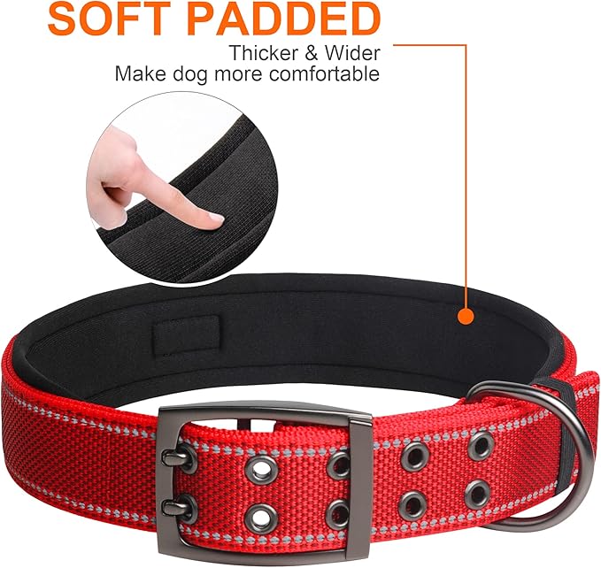 Fida Heavy Duty Dog Collar 1.5” Width, Ultra Soft Neoprene Padded, Adjustable Reflective Nylon Pet Collar with Two Metal Pin Belt Buckle for Large/X-Large Breeds (XL, Red)-PurrikoPets