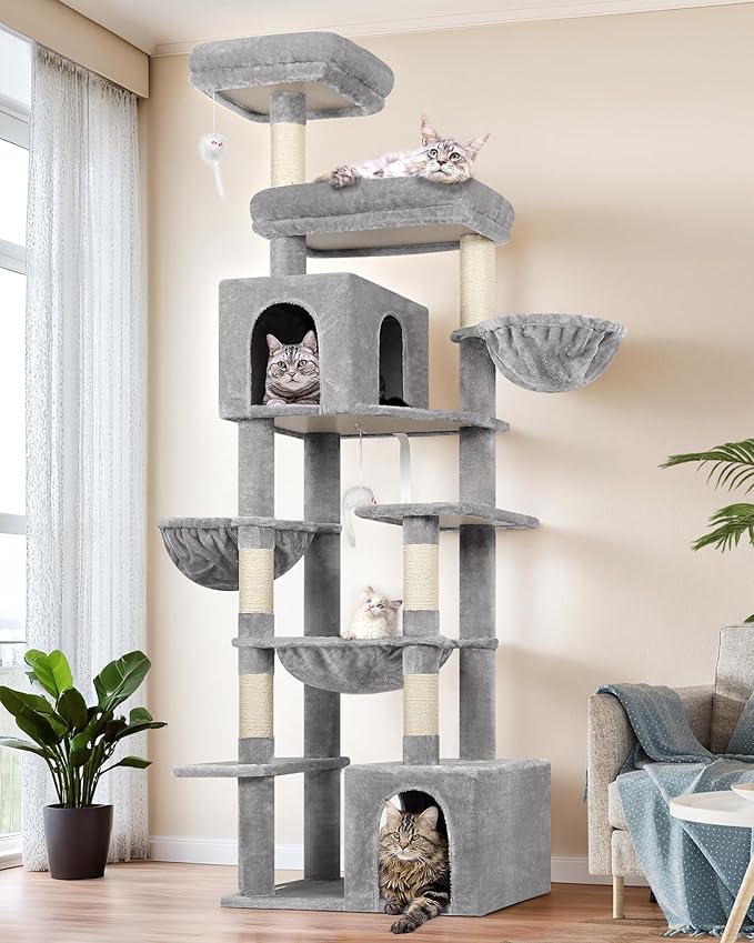 Globlazer Tall Cat Tower, 76 inch Multiple Level Cat Climbers for Indoor Cats, XL Cat Tree with 5 Scratching Posts, 2 Cat Condos, Hammock, 2 Hanging Baskets, F76B, Light Grey-PurrikoPets